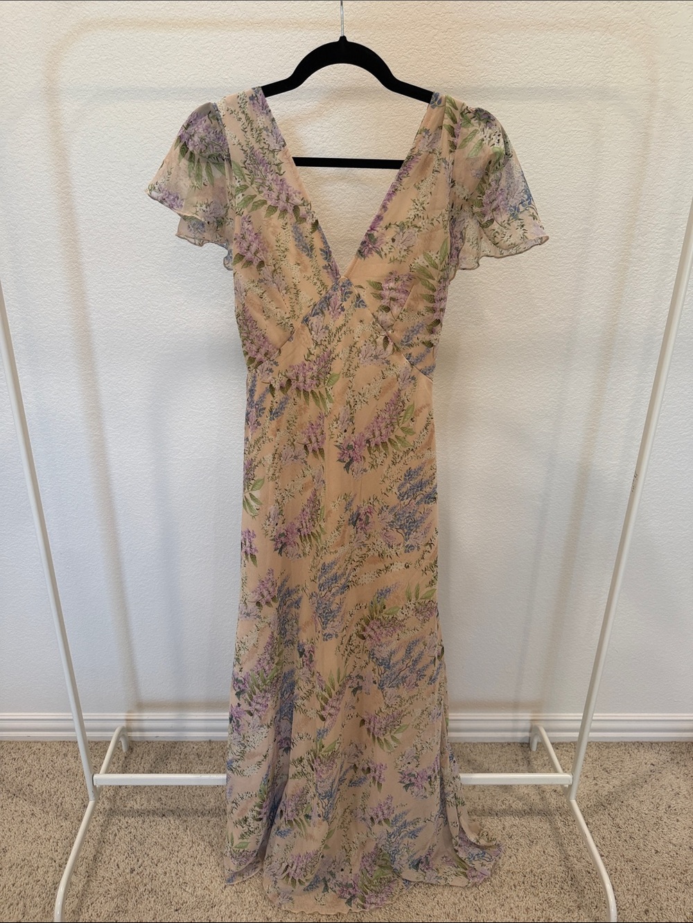 Aakaa Beige Maxi Dress with Lavender & Green Floral Print